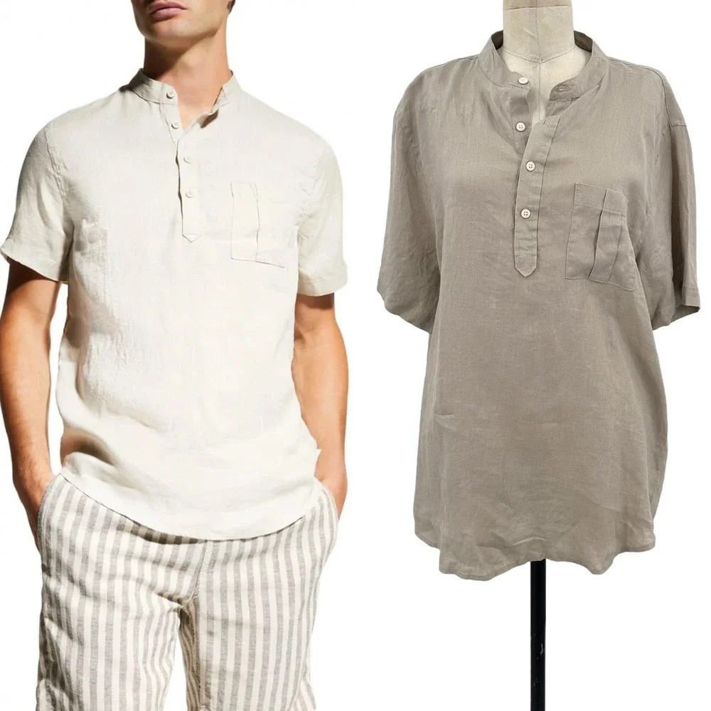 Onia‎ Home Linen Henley T-Shirt Dune Tan Beige Men's Size XL